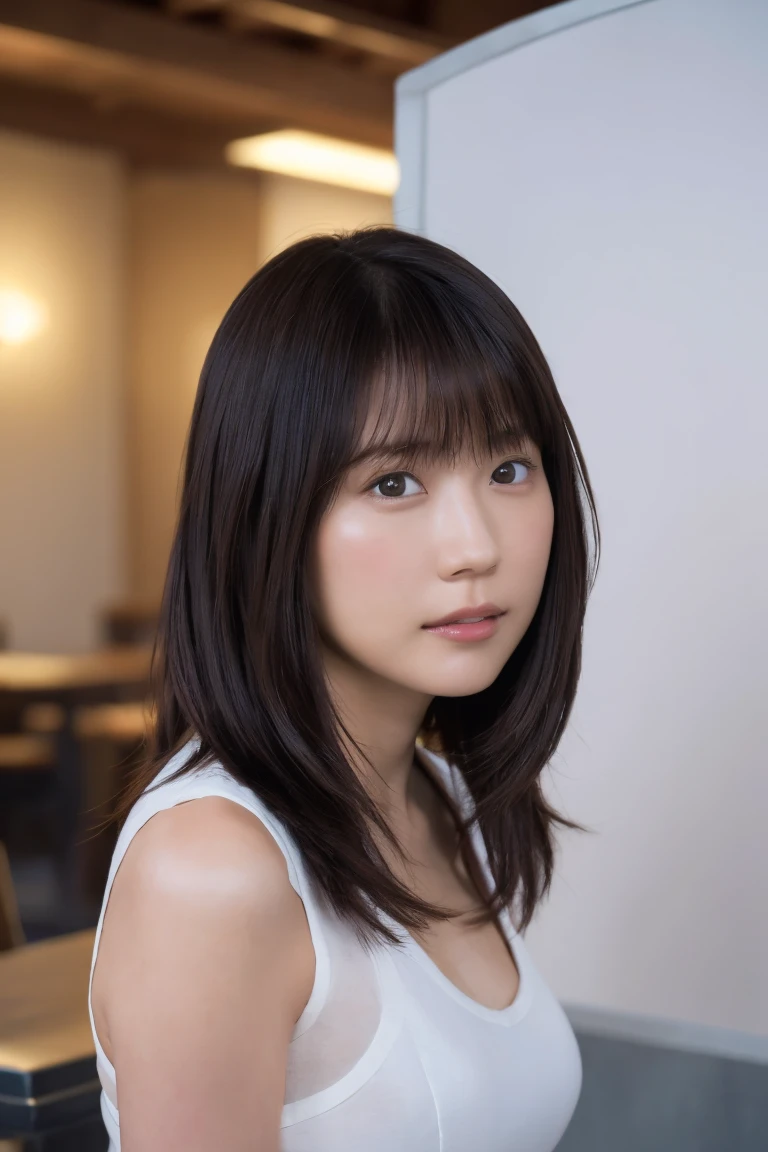 ((Upper Body:1.3)).Blown by the long wind [Blue-black:.3] hair,Looking at the audience, (Tabletop:1.3), (8K, Realistic, RAW Photos, Highest quality: 1.4), Japanese, (1 Girl), Beautiful Face, (Realistic face),{Wavy medium hair|Front hair long bob|short hair with long bangs}{Black hair|Brown hair|Blonde hair}, Beautiful hairstyle, Realistic eyes, Beautiful and beautiful eyes, (Realistic skin), Beautiful Skin, charm, Ultra-high resolution, Surreal, Very detailed, Golden Ratio,Female student peeing in the toilet、shame(Blushing:1.3),Upper Bodyは裸、Nipples sticking out