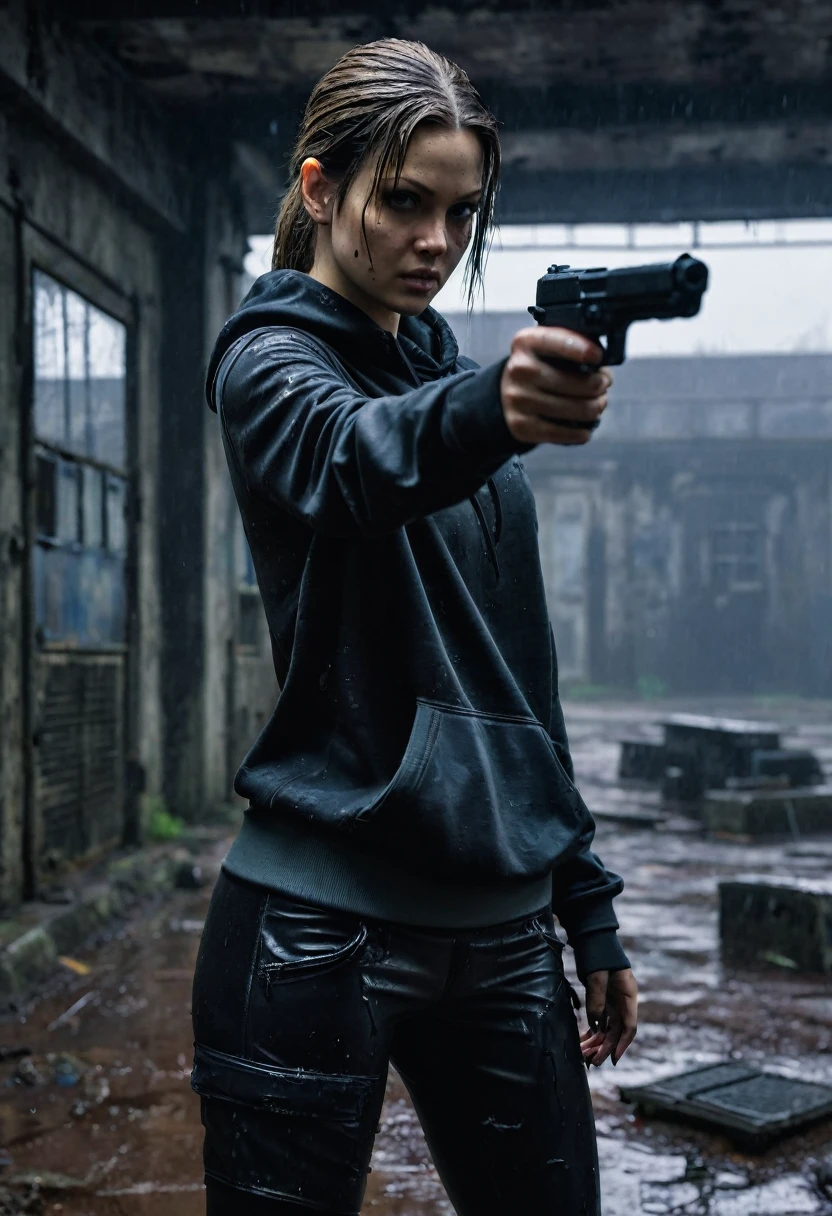 Jill Valentine wearing a dirty black sweatshirt pointing a gun in a dark and rainy abandoned military base