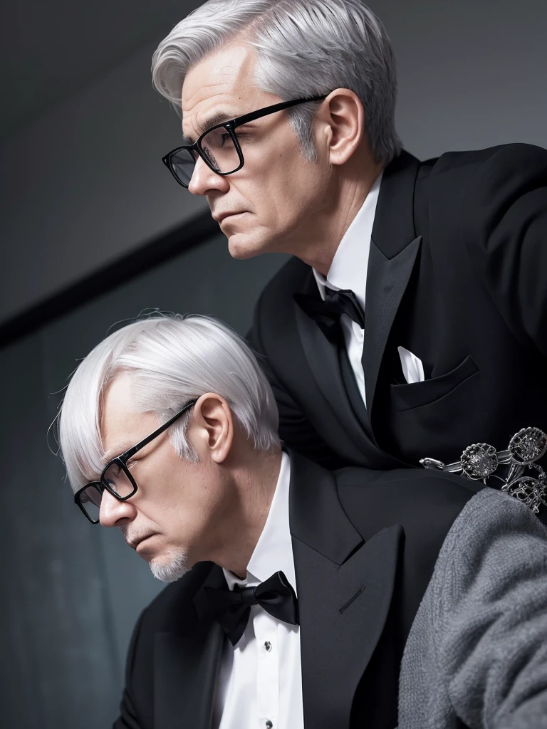 Number 10 (Death Parade), 1 person, Age 35,(Black bristles), Man wearing glasses, Close-up face, Profile picture,Formal and modest style dress, Black jacket,White shirt, Professional look,white-gray hair, silver, Tired look,