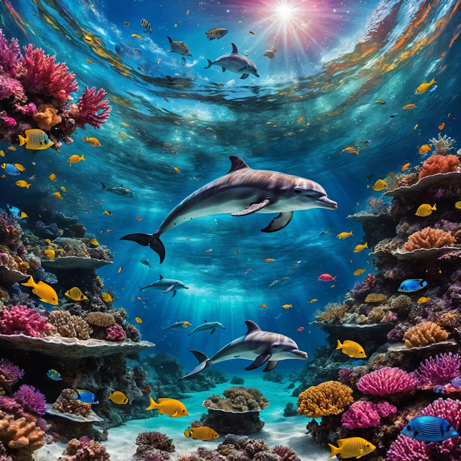 Surreal and vibrant digital artwork，Shows an underwater scene with a cosmic twist. The layout is divided into two main parts: Underwater world and sky. The underwater world is full of colorful coral reefs, All kinds of fish, A blonde woman in a bikini with fins, Mask and breathing tube, There are little glowing creatures dancing around., Leave a light trail, Explore marine life. The sky above the waterline was filled with a huge, Mysterious eye with a galaxy spinning around it, Create an otherworldly feeling. A dolphin jumps out of the water, Increased the dynamic characteristics of the scene. The colors are vivid and saturated, The deep blue ocean and the bright, Colorful corals and fish. Sparkling mist: Fog shrouded the scene, Giving it an ethereal quality. best quality, 8K, masterpiece, high resolution.