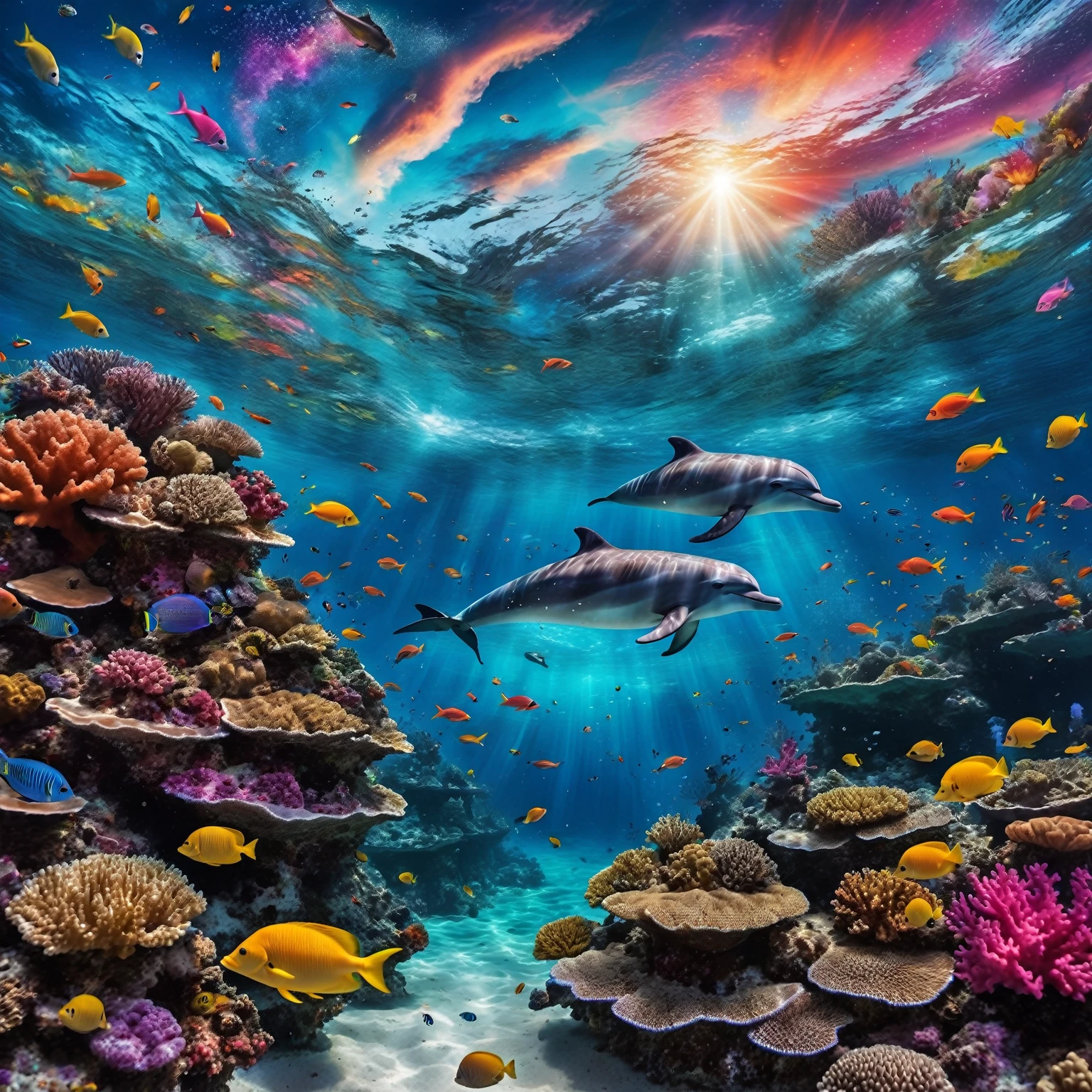 Surreal and vibrant digital artwork,Shows an underwater scene with a cosmic twist. The layout is divided into two main parts: Underwater world and sky. The underwater world is full of colorful coral reefs, All kinds of fish, A blonde woman in a bikini with fins, Mask and breathing tube, There are little glowing creatures dancing around., Leave a light trail, Explore marine life. The sky above the waterline was filled with a huge, Mysterious eye with a galaxy spinning around it, Create an otherworldly feeling. A dolphin jumps out of the water, Increased the dynamic characteristics of the scene. The colors are vivid and saturated, The deep blue ocean and the bright, Colorful corals and fish. Sparkling mist: Fog shrouded the scene, Giving it an ethereal quality. best quality, 8K, masterpiece, high resolution.