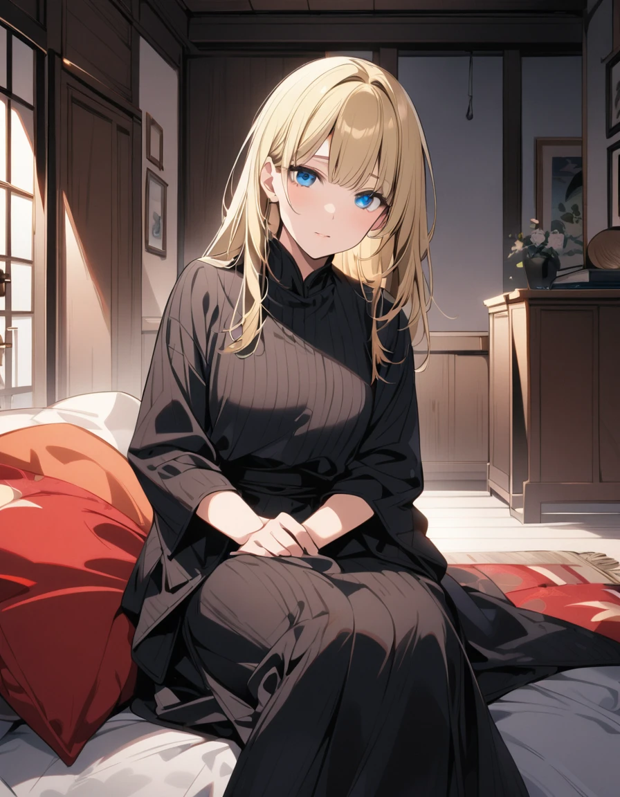 1 person, Black hair and blue eyes,女性 1 person, Blonde hair and blue eyes, beautiful, Sitting on a cushion at home.