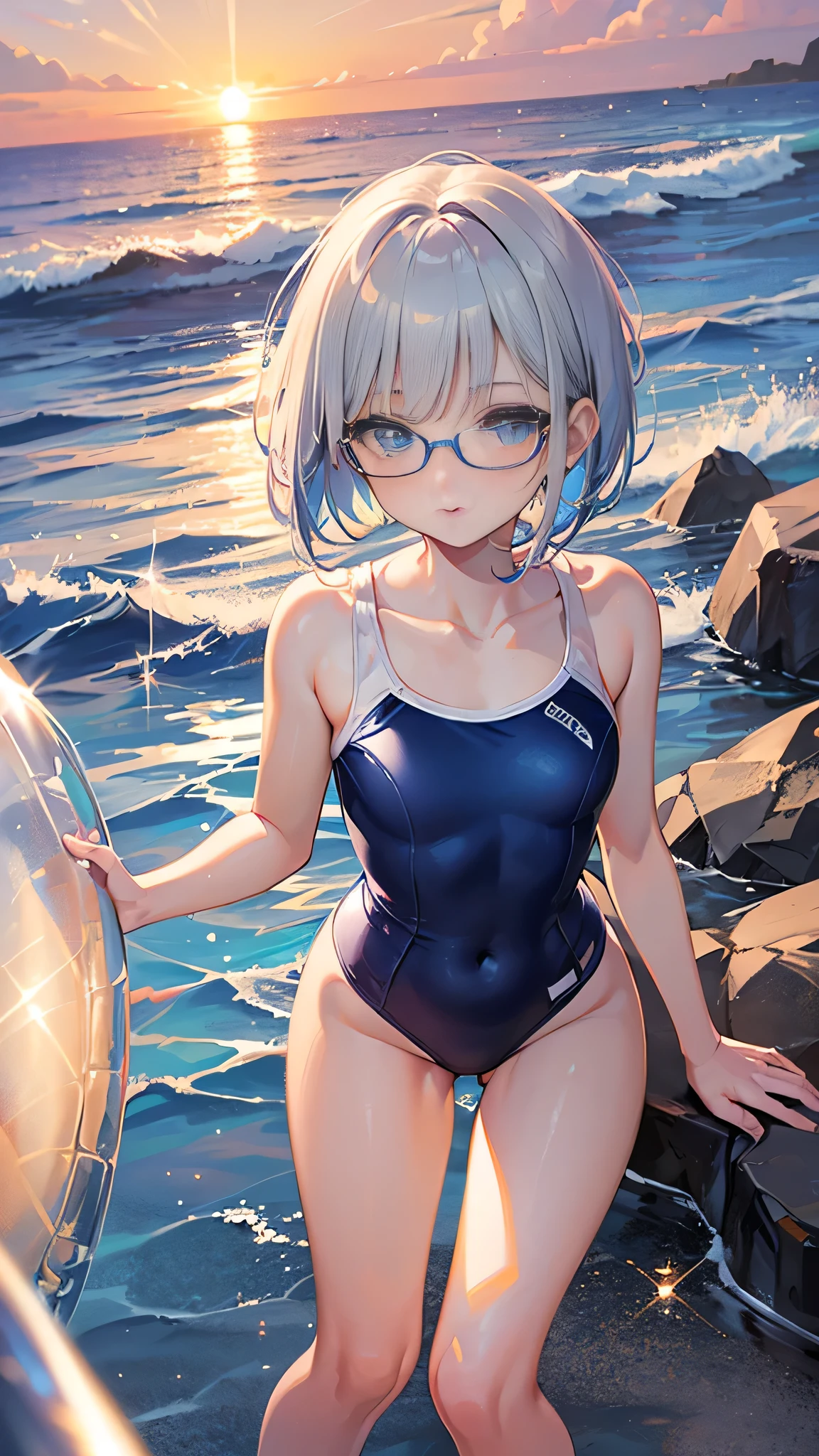 (There are a lot of people in swimsuits.)、in the center((Bluish silver bob))) Square frame glasses、 (((Sparkling blue eyeid-chest)Separate swimsuit))(Background sunset beach)