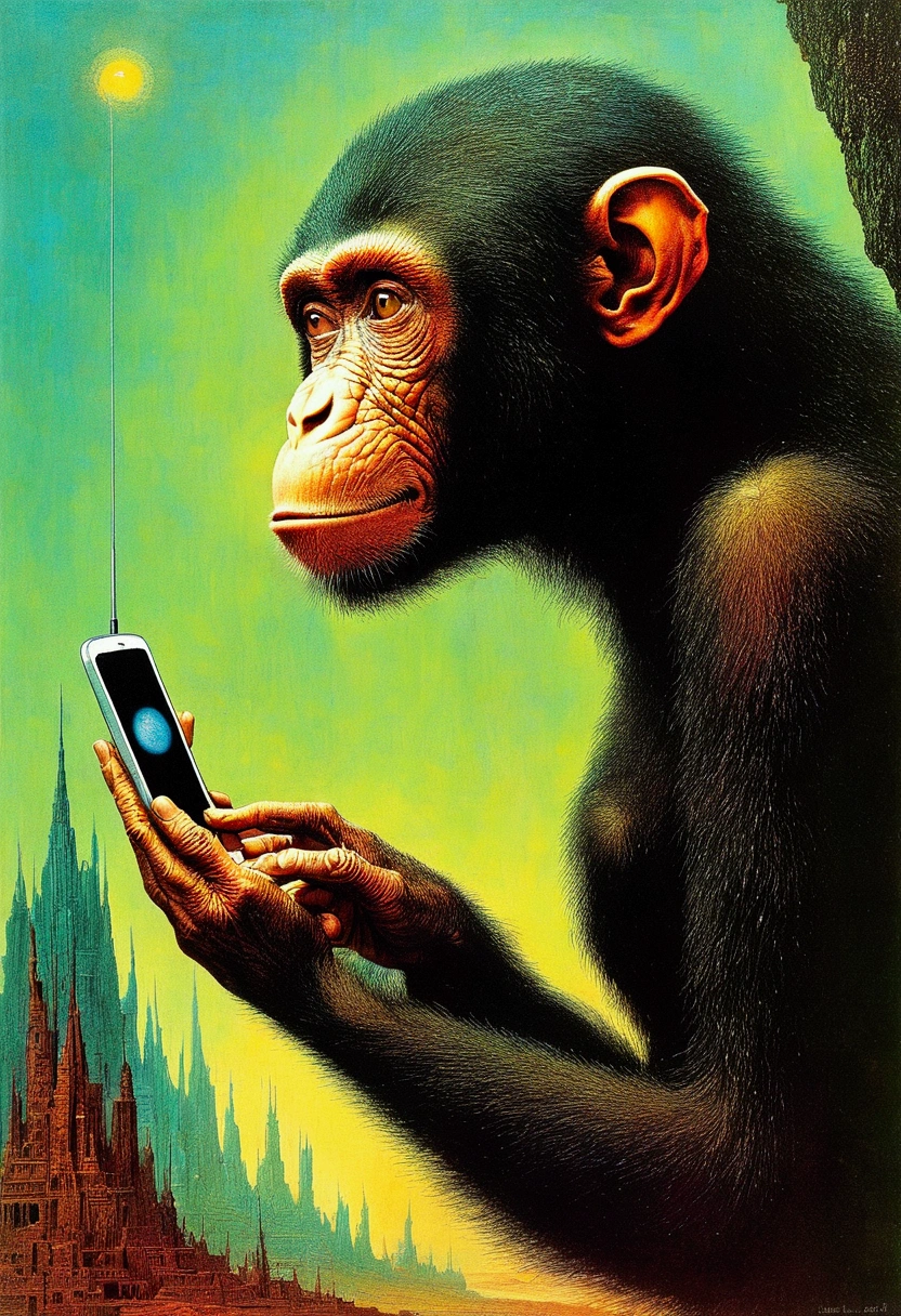 Monkey is attracted by a mobile phone screen，Looks very surprised，Old Sci-Fi Posters, author：Zsław Beksinski and Jean.Gillot