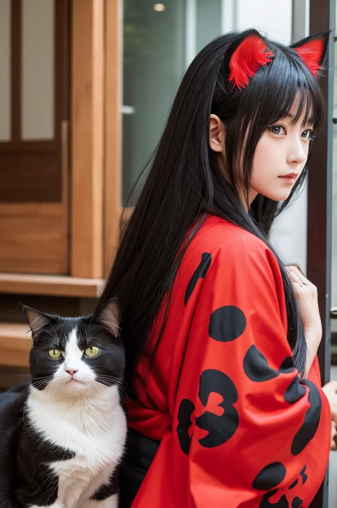 Red and black hair、Long Hair、girl、Cat ear、kimono、cool