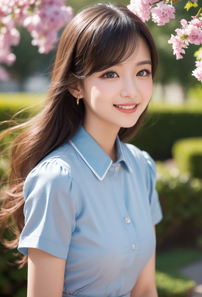 Here is the photorealistic image:
A stunning young woman with flawless mid-parted hair, subtle blush, and goosebumps on her skin gazes directly into the camera lens. Her piercing blue eyes sparkle as she wears a vintage-inspired uniform consisting of a fitted blouse and high-waisted pants. Soft, cinematic lighting accentuates textured and dry skin, showcasing visible details like dull skin noise and subsurface scattering. Perfect fingers appear alongside remarkable colors emphasized throughout the image. Vibrant, blowing hair frames her face as she poses in mid-flight amidst a serene garden filled with blooming flowers. Her full lips curve into a mischievous grin, capturing charming, cute, and beautiful expressions shining like a sunset amidst a rainbowish aura.