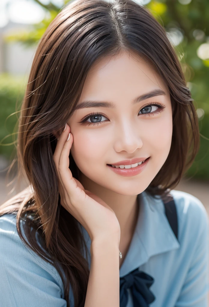 Here is the photorealistic image:
A stunning young woman with flawless mid-parted hair, subtle blush, and goosebumps on her skin gazes directly into the camera lens. Her piercing blue eyes sparkle as she wears a vintage-inspired uniform consisting of a fitted blouse and high-waisted pants. Soft, cinematic lighting accentuates textured and dry skin, showcasing visible details like dull skin noise and subsurface scattering. Perfect fingers appear alongside remarkable colors emphasized throughout the image. Vibrant, blowing hair frames her face as she poses in mid-flight amidst a serene garden filled with blooming flowers. Her full lips curve into a mischievous grin, capturing charming, cute, and beautiful expressions shining like a sunset amidst a rainbowish aura.