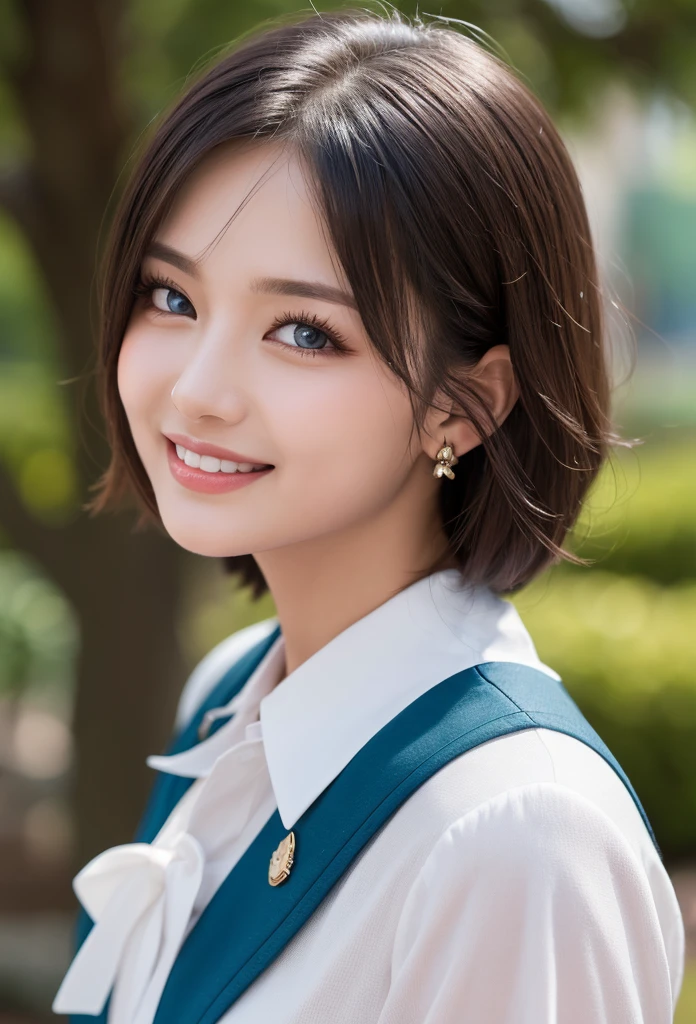 Here is the photorealistic image:

A stunning young woman with flawless mid-parted hair, subtle blush, and goosebumps on her skin gazes directly into the camera lens. Her piercing blue eyes sparkle as she wears a vintage-inspired uniform consisting of a fitted blouse and high-waisted pants. Soft, cinematic lighting accentuates textured and dry skin, showcasing visible details like dull skin noise and subsurface scattering. Perfect fingers appear alongside remarkable colors emphasized throughout the image. Vibrant, blowing hair frames her face as she poses in mid-flight amidst a serene garden filled with blooming flowers. Her full lips curve into a mischievous grin, capturing charming, cute, and beautiful expressions shining like a sunset amidst a rainbowish aura.