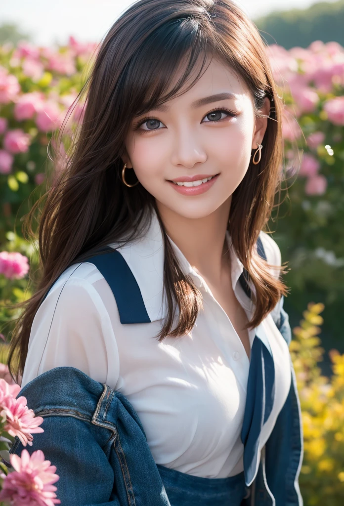 Here is the photorealistic image:

A stunning young woman with flawless mid-parted hair, subtle blush, and goosebumps on her skin gazes directly into the camera lens. Her piercing blue eyes sparkle as she wears a vintage-inspired uniform consisting of a fitted blouse and high-waisted pants. Soft, cinematic lighting accentuates textured and dry skin, showcasing visible details like dull skin noise and subsurface scattering. Perfect fingers appear alongside remarkable colors emphasized throughout the image. Vibrant, blowing hair frames her face as she poses in mid-flight amidst a serene garden filled with blooming flowers. Her full lips curve into a mischievous grin, capturing charming, cute, and beautiful expressions shining like a sunset amidst a rainbowish aura.