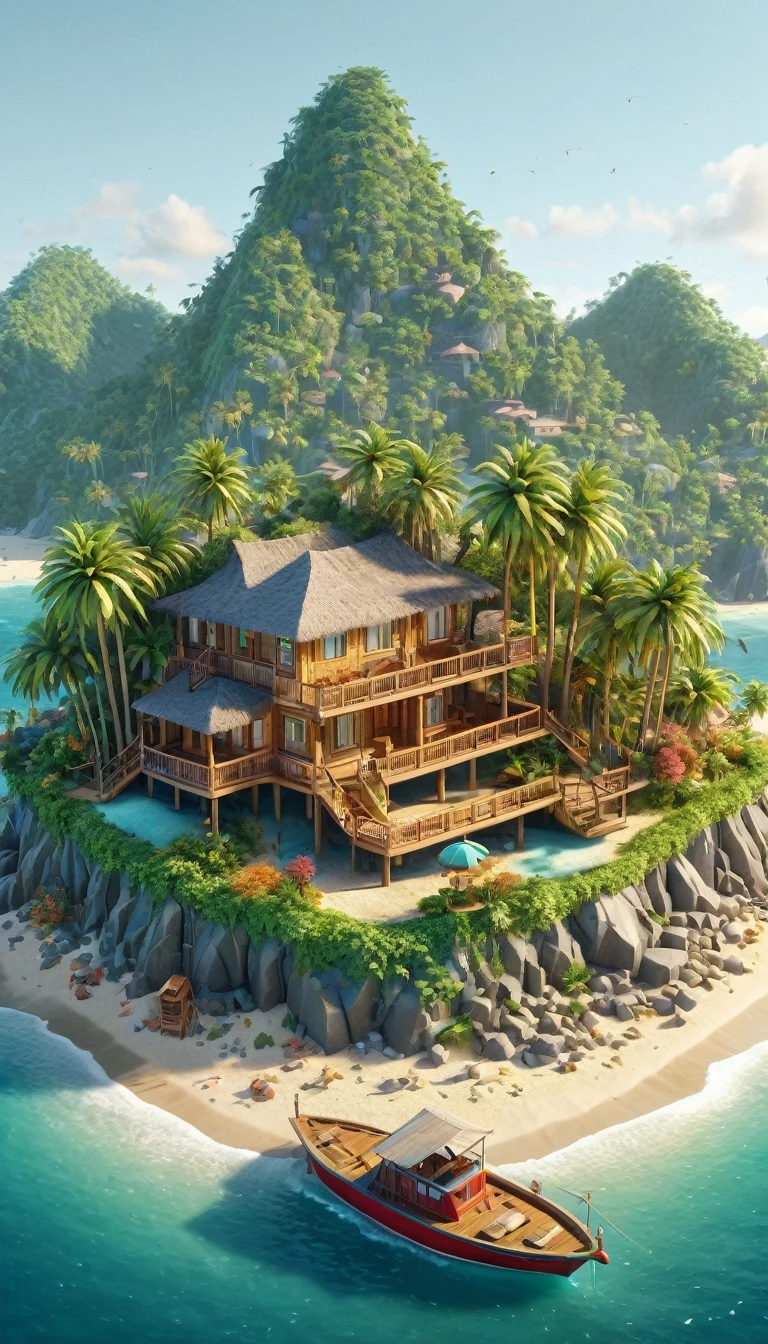 (Isometric Art:1.5),The art of math,Mountains,Fall,beach,Boat,Palm tree,(high quality,Masterpiece,Octane Rendering,Ray Tracing,Extremely detailed,3d,8k:1.5) ,