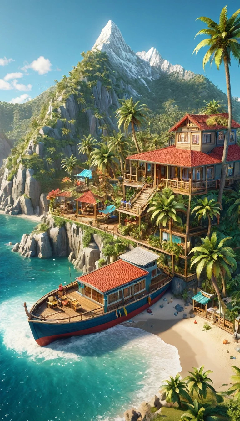 (Isometric Art:1.5)，The art of math，Mountains，Fall，beach，Boat，Palm tree，(high quality，Masterpiece，Octane Rendering，Ray Tracing，Extremely detailed，3d，8k:1.5) ，