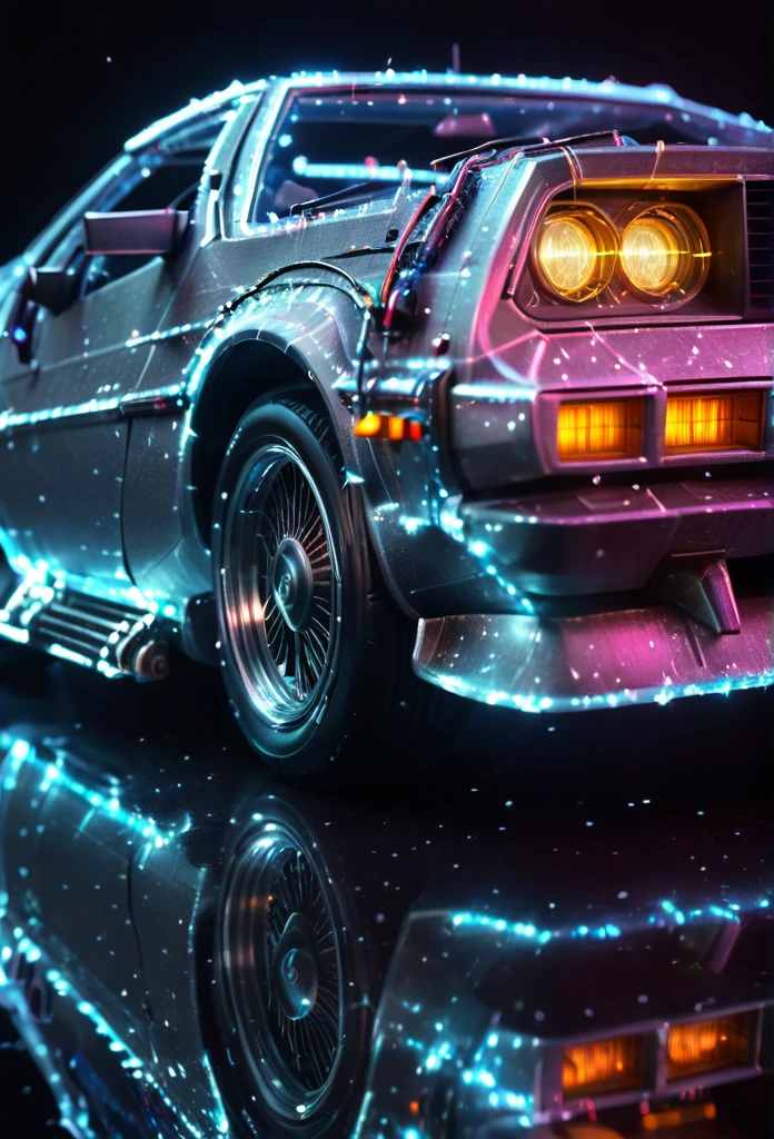 Ultra-Realistic Capture, Very detailedな, High resolution 16K,RAW Photos,Highest quality,masterpiece,reality,Very detailed,bfdlrn,Back to the Future,Time Machine,Delorean,Very fine details,Shiny body,Neon and lightning background,Extremely fine LED particles,A body covered in light particles,Concentrated line,radiation,dazzling,Beautiful woman with arched back,Tank top,Long Hair,Watch the clock,slim,