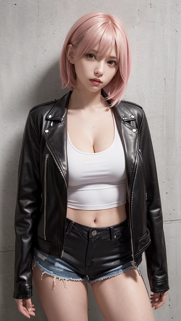 (Very beautiful eyes), (((Fabric Shading))), (((Highest quality))), (((masterpiece))), (((Ultra-high-definition CG))), Saucy 18 years old Japanese girl, (((Magical girl))), (Large Breasts), Blonde wavy hair with pink stripes, ((Wavy short hair)), Pink Eyes, (((Punk Girl, leather jacket, White tank top, Cleavage, Torn shorts))), ((Leaning against a wall)), ((Realistic)), (Saucy, It Girl), Fine Jewelry, A wall full of graffiti,Neon Light,Vibrant colors,Night view,Gritty atmosphere,4K, Strong punk vibe, Cowboy Shot, Mid Shot, Centered Images, Looking into the camera, dawn