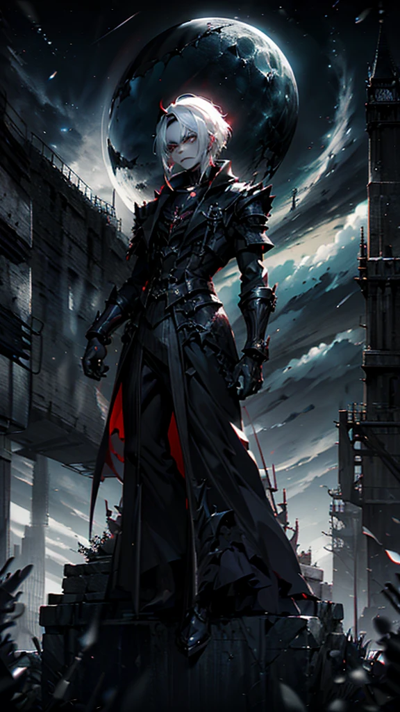 Anime-Stil Illustration eines Vampirs mit (Boy with medium length white hair),(Completely black eyes with red pupils) (He wears a long black gothic coat), Black horns to the rear, jrpg, fantastical, pale skin, charmant, emotionless, fantastic , imaginative, visually appealing, Atmospheric ,wide, Flat lighting, 2d, cartoon, vector, art by Mschiffer, best quality, best resolution
