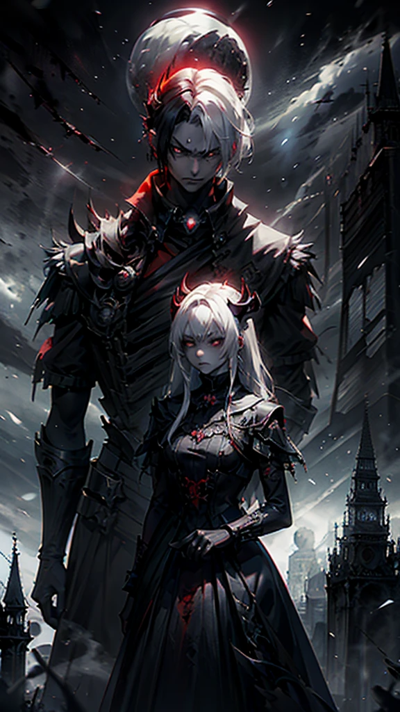 Anime-Stil Illustration eines Vampirs mit (Boy with medium length white hair),(Completely black eyes with red pupils) (He wears a long black gothic coat), Black horns to the rear, jrpg, fantastical, pale skin, charmant, emotionless, fantastic , imaginative, visually appealing, Atmospheric ,wide, Flat lighting, 2d, cartoon, vector, art by Mschiffer, best quality, best resolution
