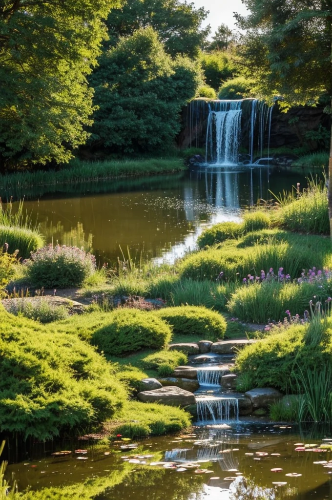 Small pond made artificialy near a tree in the shape of 8 and with a water fall