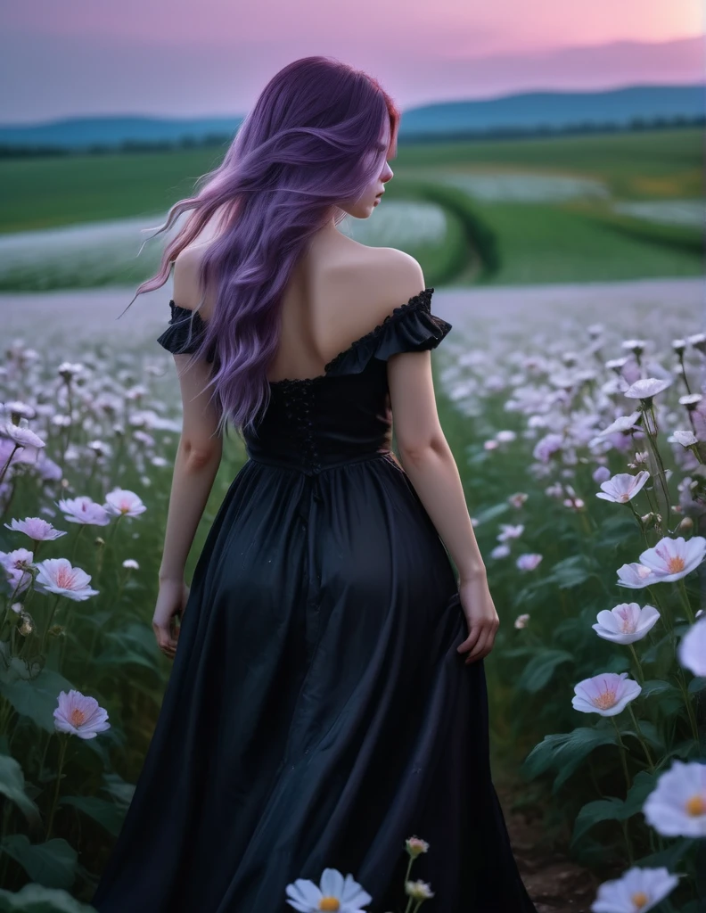 quality(8k wallpaper of extremely detailed CG unit, masterpiece, hight resolution, top-quality, top-quality real texture skin,hyper realisitic, digitial painting,increase the resolution,RAW photos,best qualtiy,highly detailed,the wallpaper),BREAK,8K, Girl in black messy and long dress , darkfantasy, standing in middle of white flower field , shot from back, long messy light purple hair, night, horror scene, horror movie, horror mood