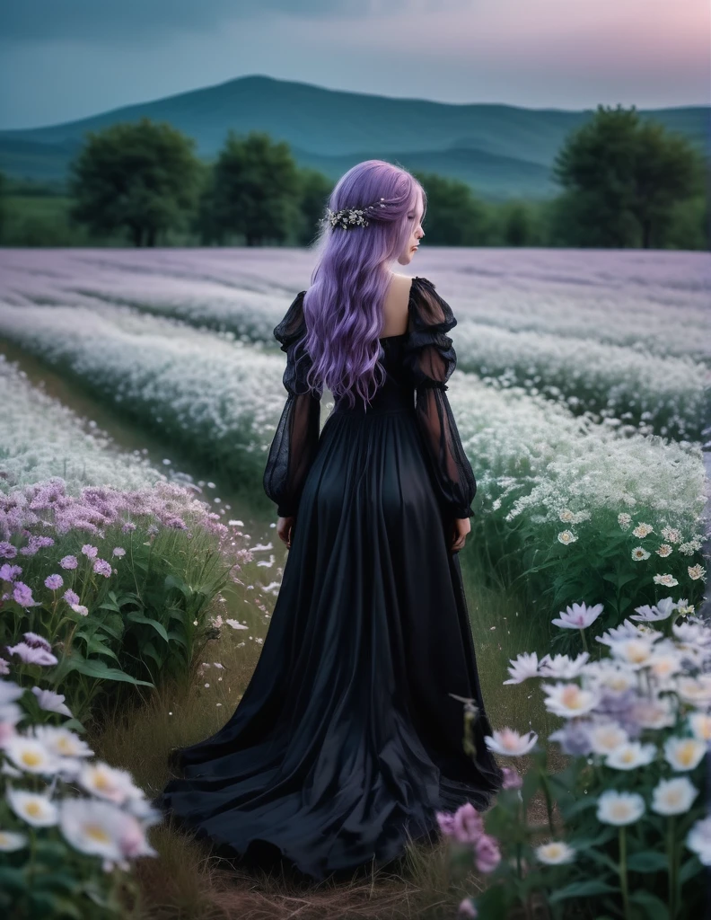 quality(8k wallpaper of extremely detailed CG unit, ​masterpiece, hight resolution, top-quality, top-quality real texture skin,hyper realisitic, digitial painting,increase the resolution,RAW photos，best qualtiy,highly detailed,the wallpaper),BREAK,8K, Girl in black messy and long dress , darkfantasy, standing in middle of white flower field , shot from back, long messy light purple hair, night, horror scene, horror movie, horror mood