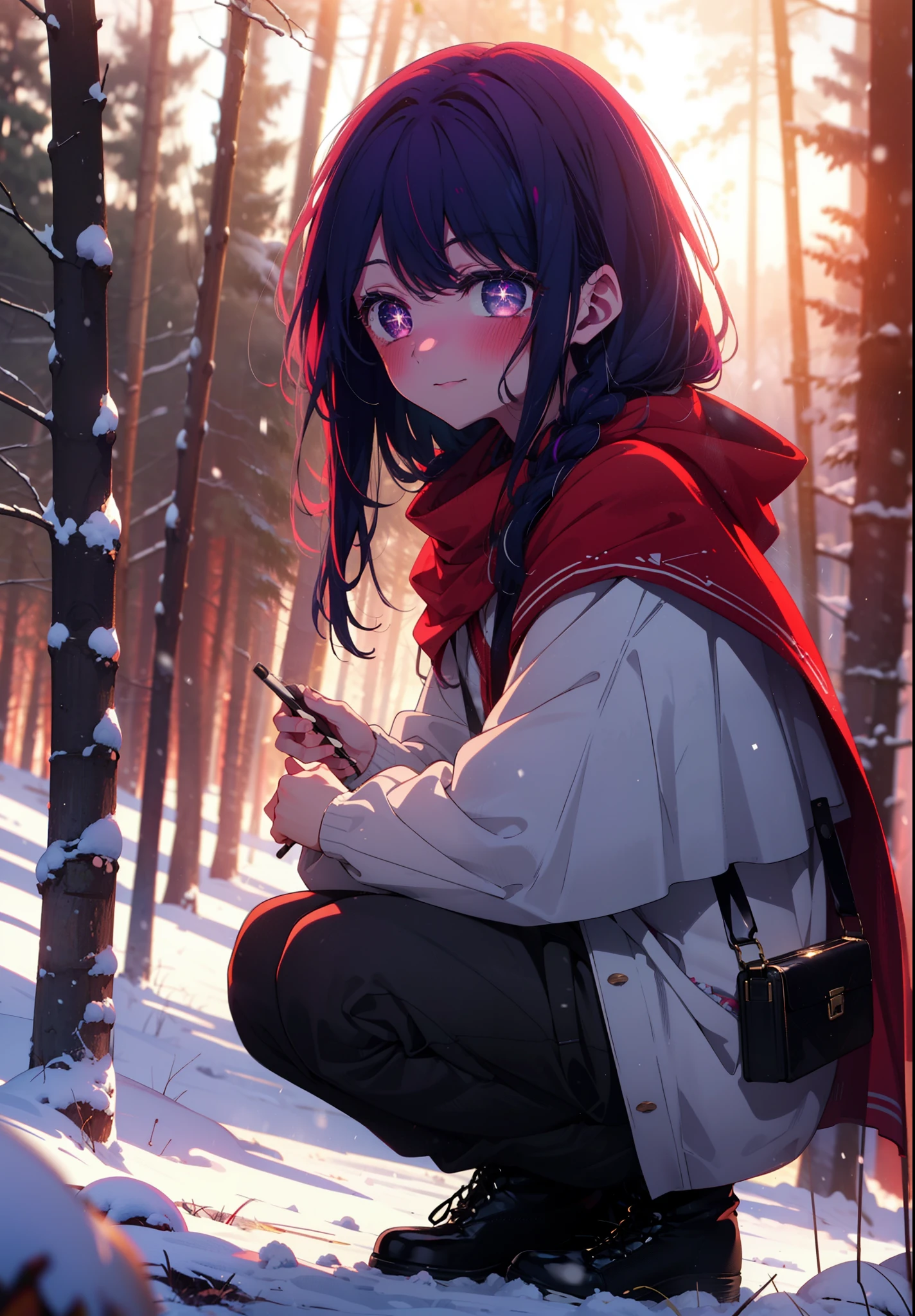 aihoshino, Ai Hoshino, Long Hair, bangs, (Purple eyes:1.1), Purple Hair, (Symbol-shaped pupil:1.5), smile,,smile,blush,white breath,
Open your mouth,snow,Ground bonfire, Outdoor, boots, snowing, From the side, wood, suitcase, Cape, Blurred, , forest, White handbag, nature,  Squat, Mouth closed, Cape, winter, Written boundary depth, Black shoes, red Cape break looking at viewer, Upper Body, whole body, break Outdoor, forest, nature, break (masterpiece:1.2), Highest quality, High resolution, unity 8k wallpaper, (shape:0.8), (Beautiful and beautiful eyes:1.6), Highly detailed face, Perfect lighting, Highly detailed CG, (Perfect hands, Perfect Anatomy),