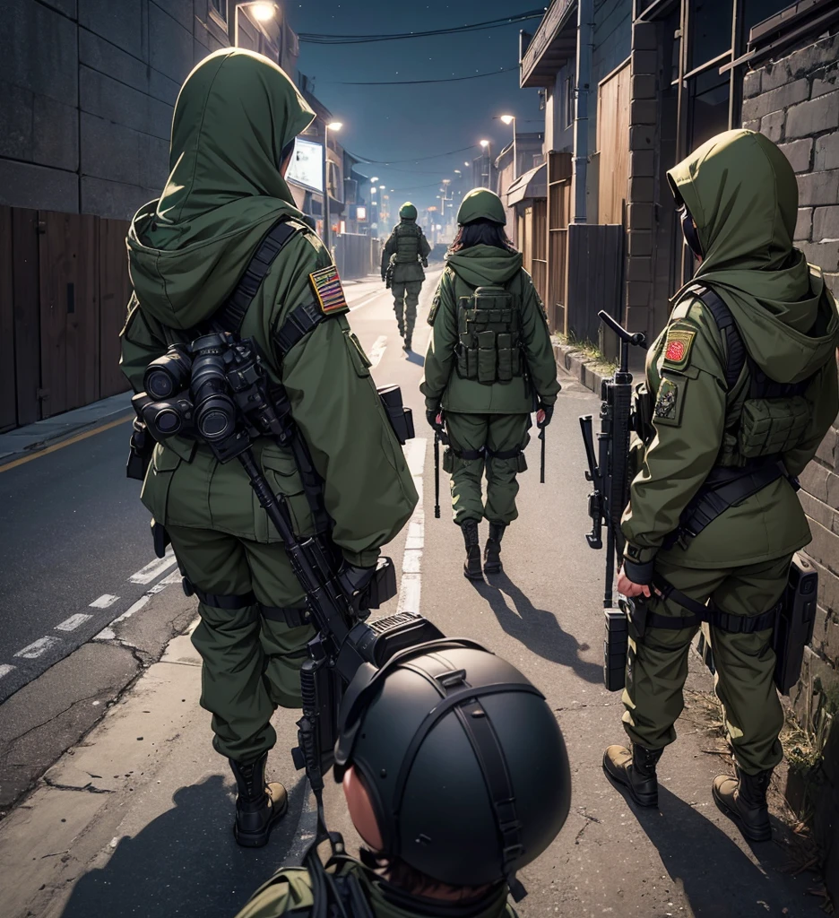 View from behind，A group of female soldiers on patrol at night，All wear dark green M-51 hooded military uniforms、Hooded on head、Military Pants、Knee pads，Spacious street，Write details、masterpiece、best quality、Highly detailed CG、8K picture quality