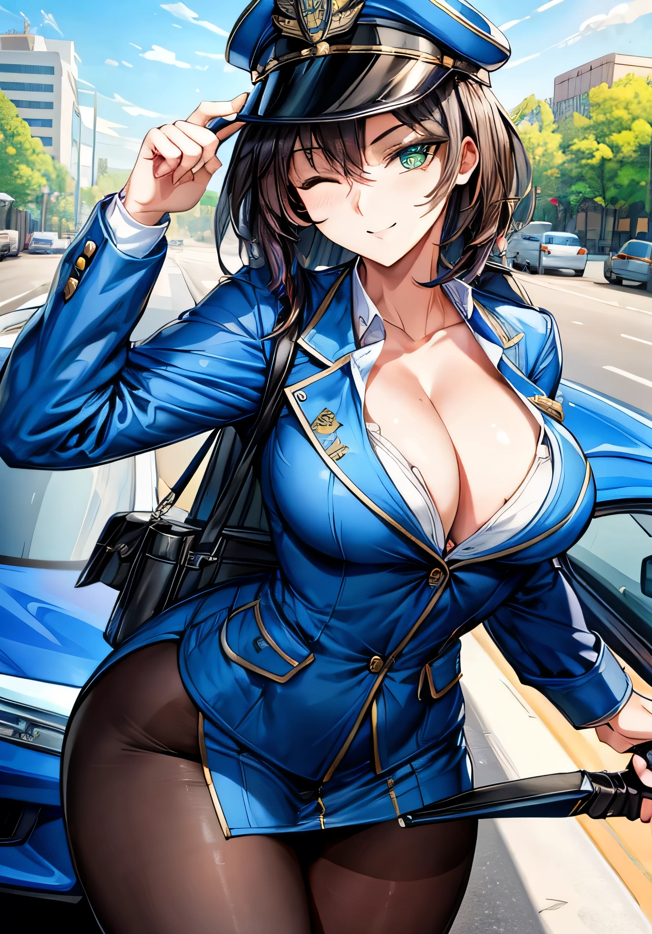 (masterpiece), best quality, lot of details, 1 girl,solo, (police hat), (police uniform), wink, one eye closed, large breasts, eyeshadow, green eye, highway road, (police motor), small book, (car:1.3)