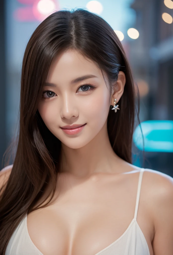 A sultry 27-year-old woman with piercing blue eyes and luscious locks poses confidently before a dark studio backdrop, her full lips slightly upturned in a mischievous grin. She tilts her head forward, showcasing her uncovered 38D cup, as the camera captures her standing form in sharp focus. The studio lighting casts a flattering glow on her chiseled features and statuesque figure, highlighting every curve of her perfect body. In contrast, a mesmerizing close-up of a 23-year-old woman's ethereal features is captured in an 8K RAW image, as if she were a living masterpiece. Her confident pose showcases flowing fabric highlighting her beauty against a vibrant background swirling with shapes and hues, drawing the eye to her radiant smile and bright gaze.
