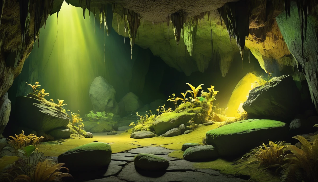 A stunning 3D scene，In a vast and empty space inside a cave，The rock on the cave wall is smooth，There are magical little creatures in the cave，There are various plants that only appear in mythology growing on the ground and around it.，There is moss on the rocks that glows yellow-green，The yellow-green light shines everywhere in the cave.。The atmosphere is mysterious and dreamy。High Detail，High Definition，Complex Imagination
