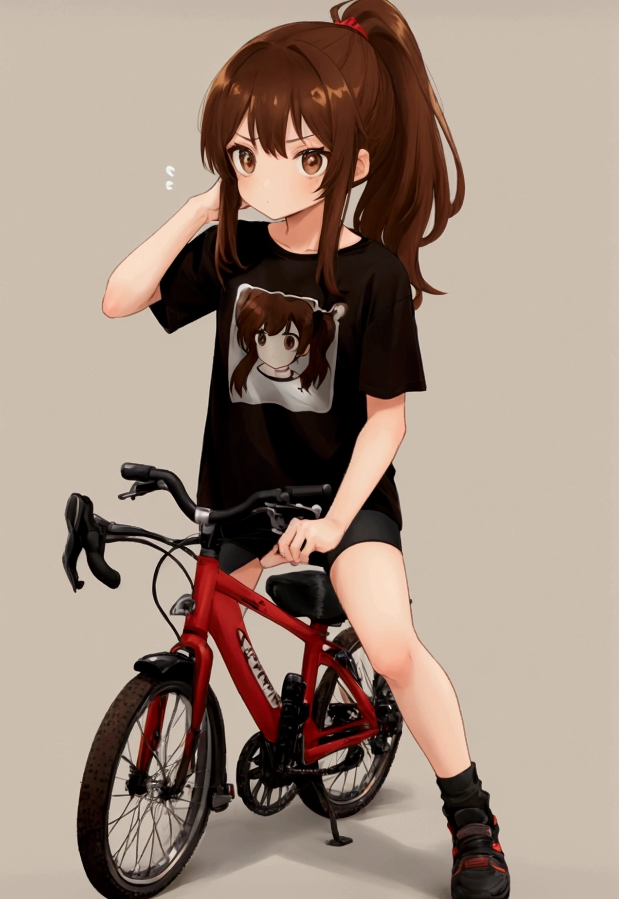 Brown hair tucked into a ponytail, brown eyes, blank look, fair skin, black T-shirt and bike shortsgacha, full body