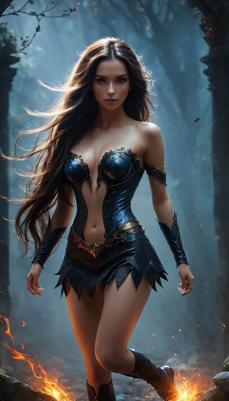 (full  body with legs and feet , front view ) ,brunette with long hair in dark fantasy, 