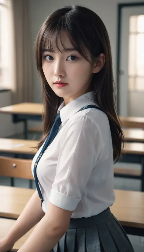 25-year-old female, mature woman, ((in the classroom)), ((school uniform)), raw photos, (photorealistic: 1.37, realistic), highl...