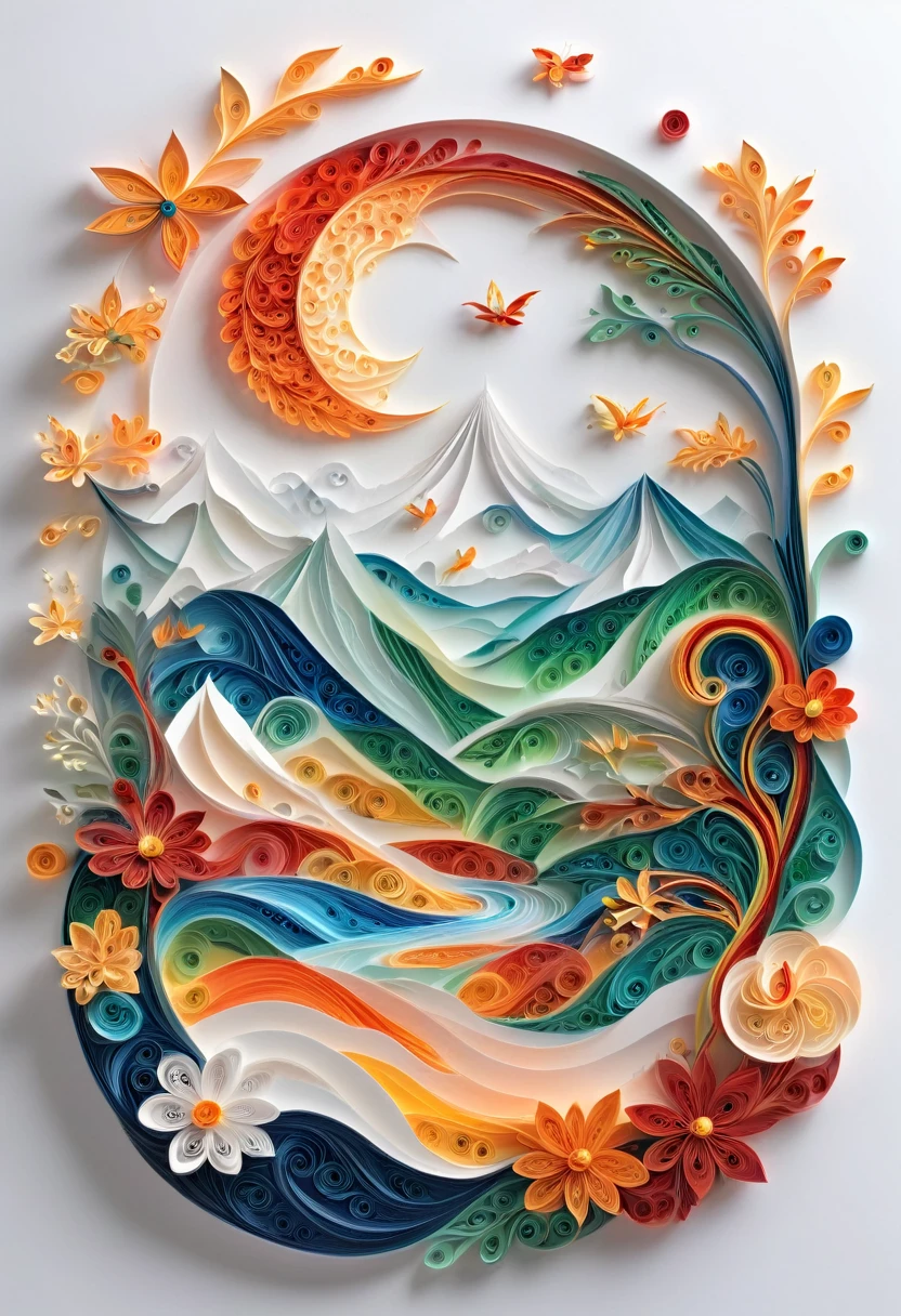 剪Paper art,(Flat paper cutting，Paper art，layered Paper art，Quilling, The art of math),Pure white background, landscape，(High Detail, artwork, Best quality, Ultra HD)