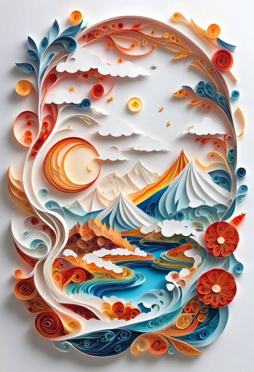 剪Paper art,(Flat paper cutting,Paper art,layered Paper art,Quilling, The art of math),Pure white background, landscape,(High Detail, artwork, Best quality, Ultra HD)