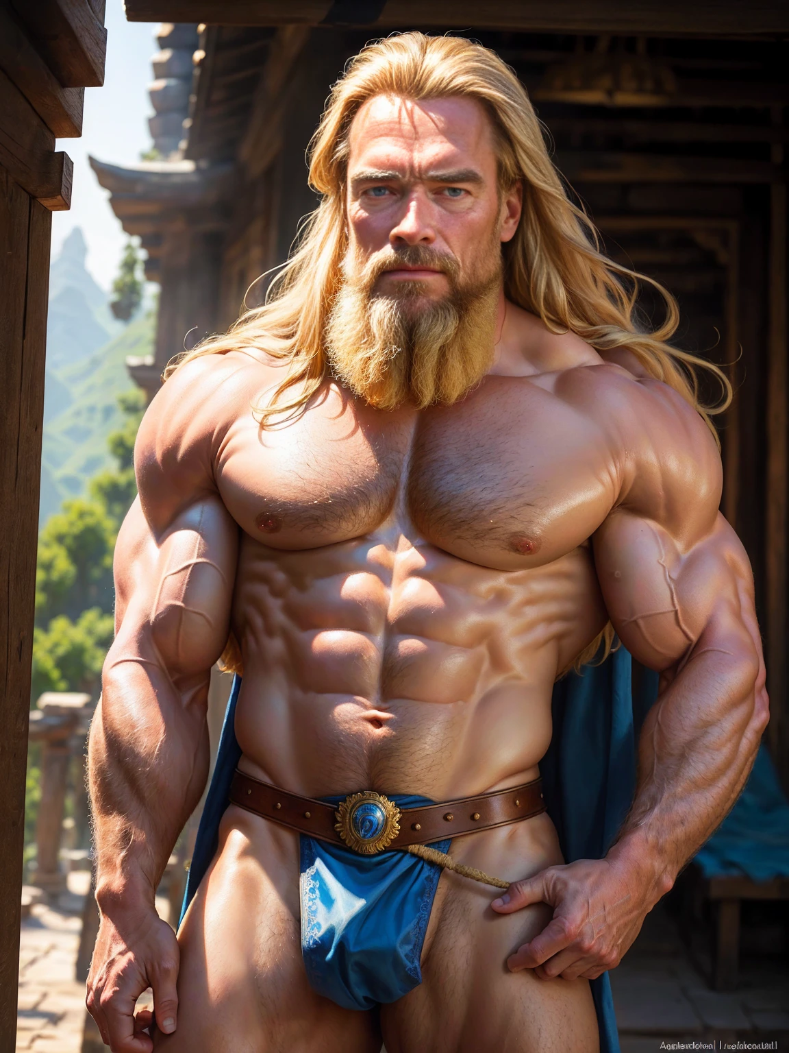 Highest quality, masterpiece, Ultra-high resolution,Detailed Background,alone,Arnold Schwarzenegger,Blonde,Blue Eyes,Long Hair,(loincloth), beard, an old man,temple