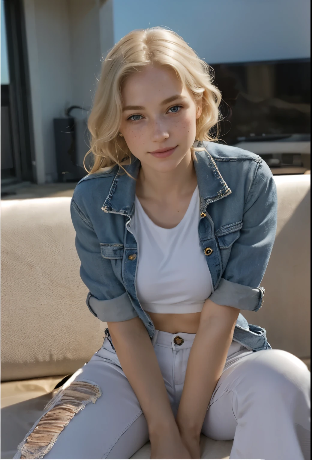 a one woman, americana, age 25, pale skin and freckles, grey-eyed, delicate nose, soft and delicate lips, distant, distant, wavy, waist-length blonde hair, Sweet smile, face with delicate feminine facial features, Highly Rendering, golden bracelet