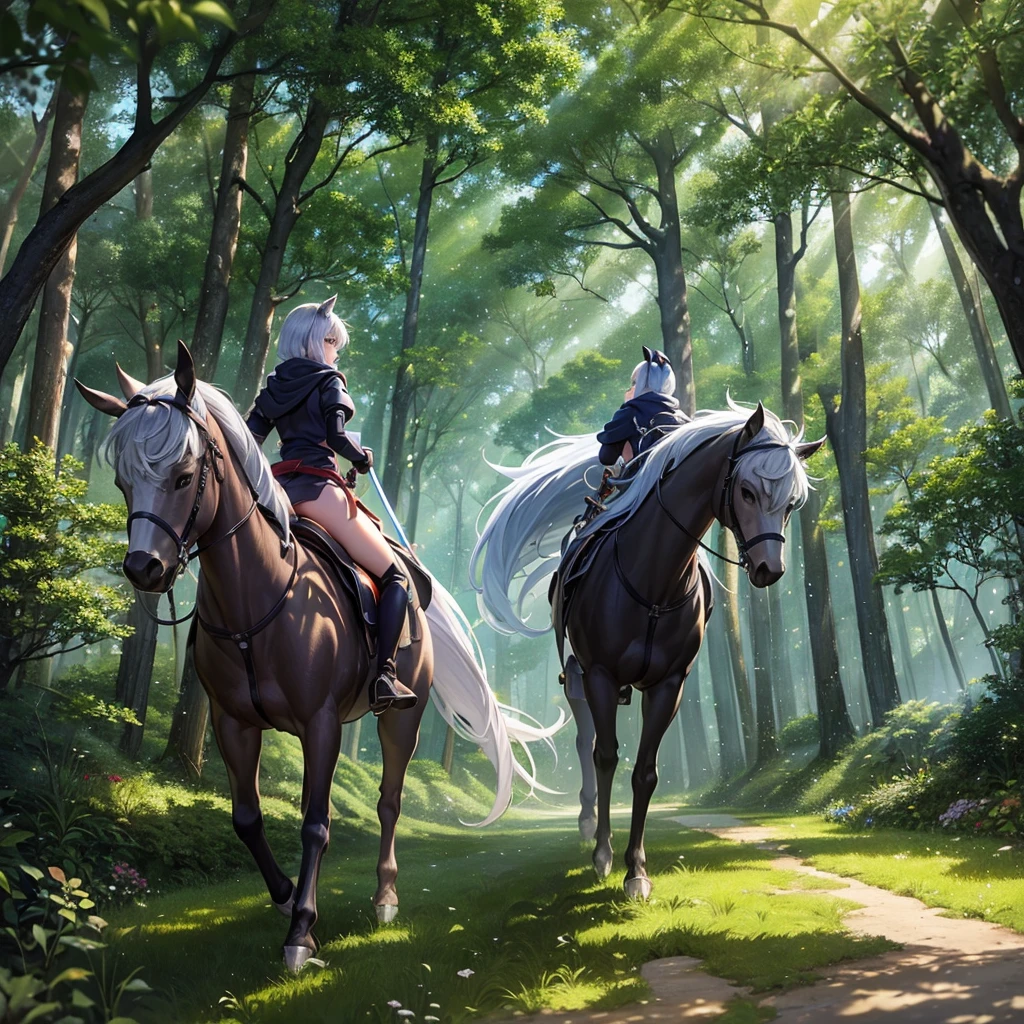 Masterpiece, top quality, 8k, girl in Ghibli style ninja outfit walking on back of silver wolf, 15 yrs old, with magically glowing sword, insect and animal eyes glowing in forest with large trees.