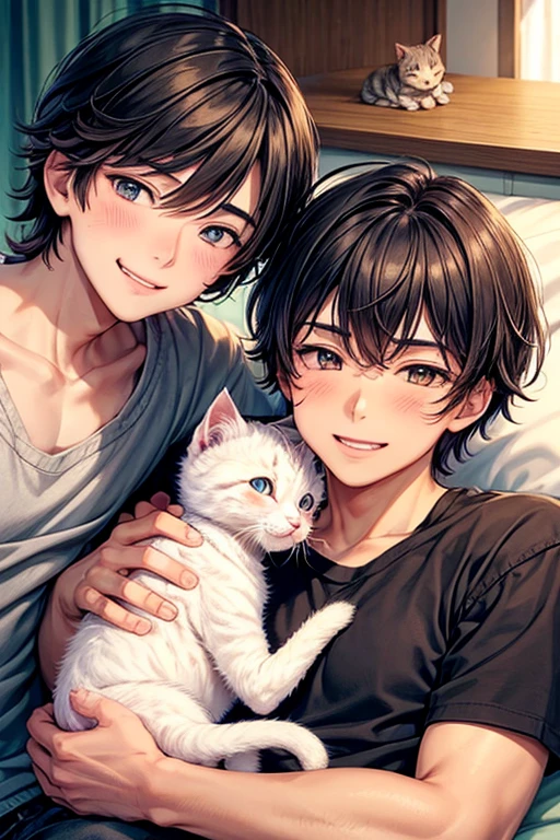 One man and three little kittens,Man surrounded by kittens,smile,Refreshing Men,とびっきりのやさしいsmile,Mouth wide open,猫もsmile