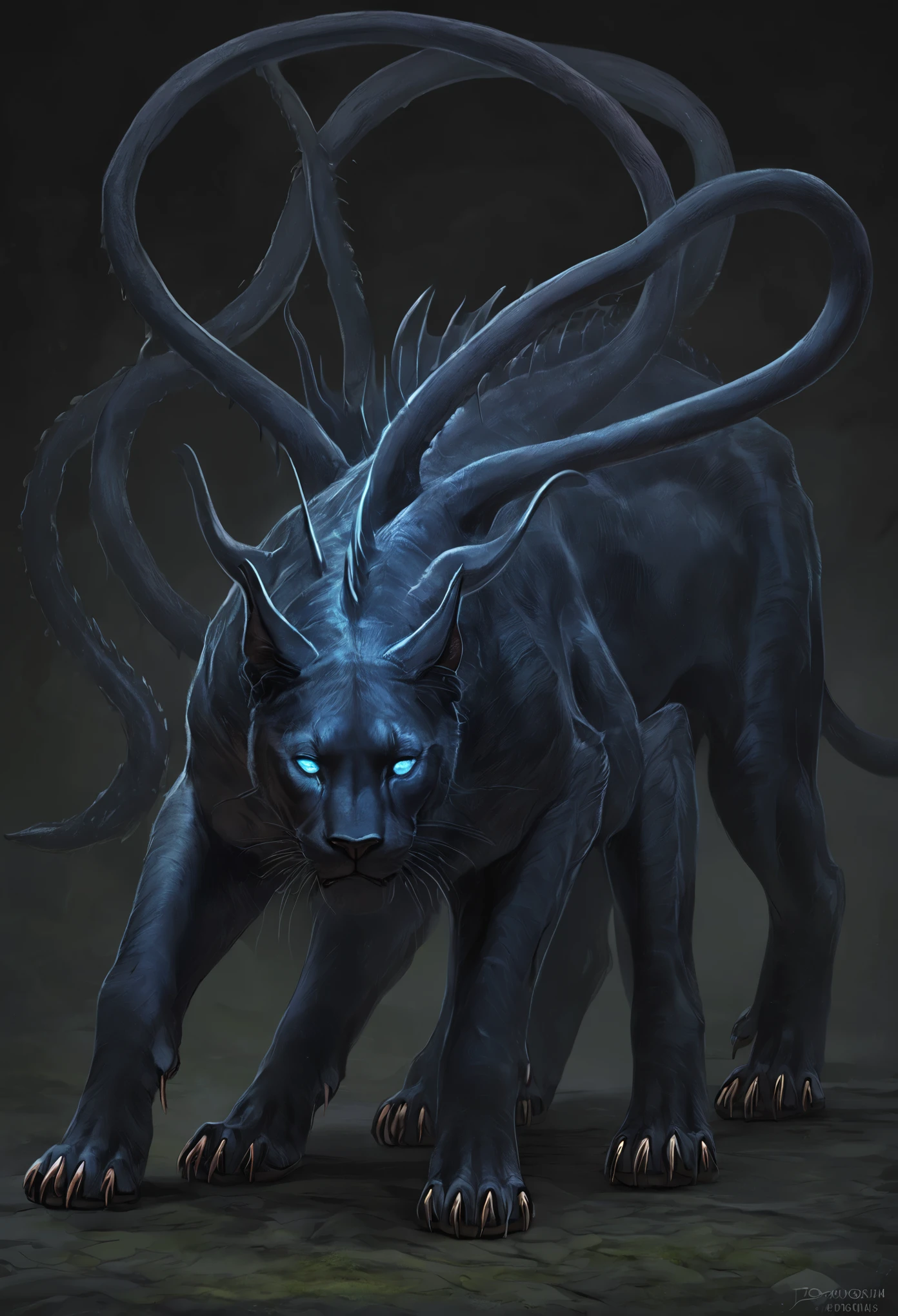 DISPLACER BEAST, feral, solo, FELINE BODY, HORROR, ((six legs, six paws)), detailed feline face, one more paw,  DISPLACER beast looks like a large cat, covered with smooth blue-black fur. Its alien origins are obvious from the six legs and two tentacles that grow from its shoulders, ending in pads with sharp spines. The beast's eyes glow with a terrifying malice that persists even after its death.