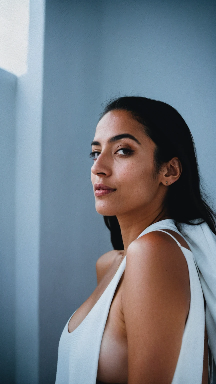 RAW photo,bright,cold,moody,hazy atmosphere,35mm focal lenght,overexposed,cold,candid photograph,artistic,photograph of a beautiful,influencer,30yo Moroccan woman,detailed skin,fully naked,looking at viewer, candid pose,bright room,blue light, film grain, kodak color, instagram LUT