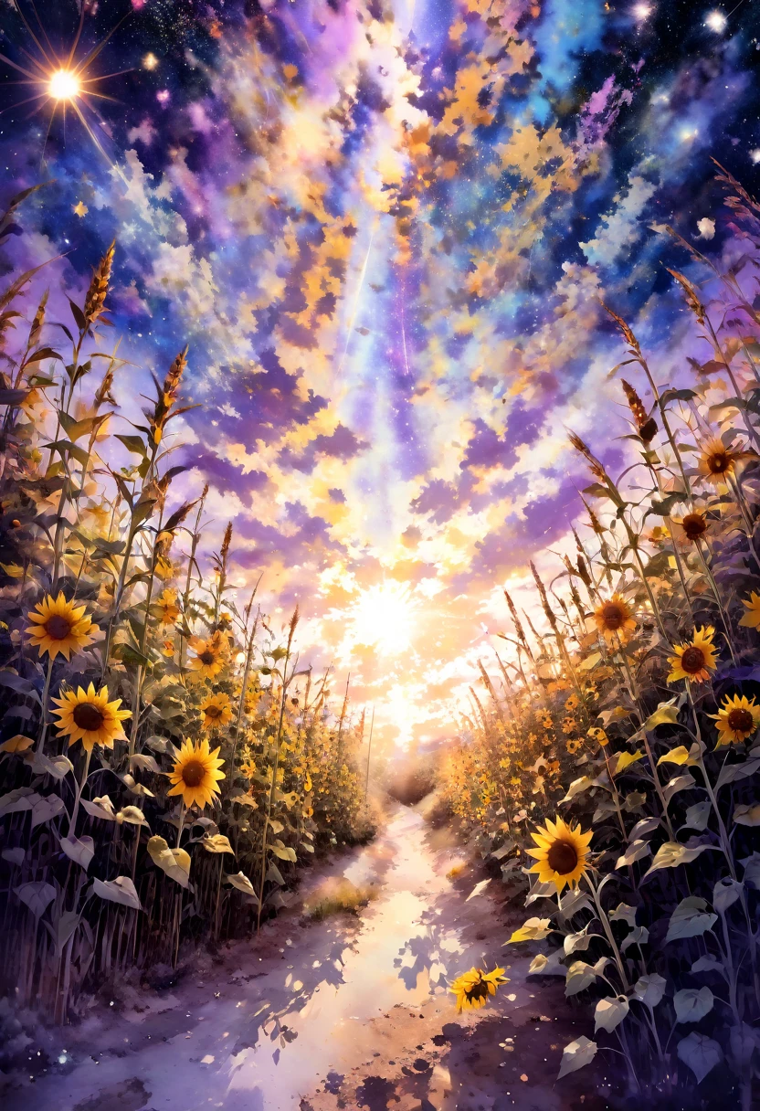 Rabbit, sunflower, 辺り一面のsunflowerのsunflower畑, masterpiece, Highest quality, Super detailed, Very detailed, Full HD, 16K, Absurd, Huge scale, Golden Ratio, Wide-angle lens, Milky Way, landscape, In space, In complex style, A vibrant academia, pastel academia, Soft Surface, Dreamy watercolor painting, Splatter Watercolor, From above, Warm lighting, Pinhole camera, Deep Focus, Depth of written boundary