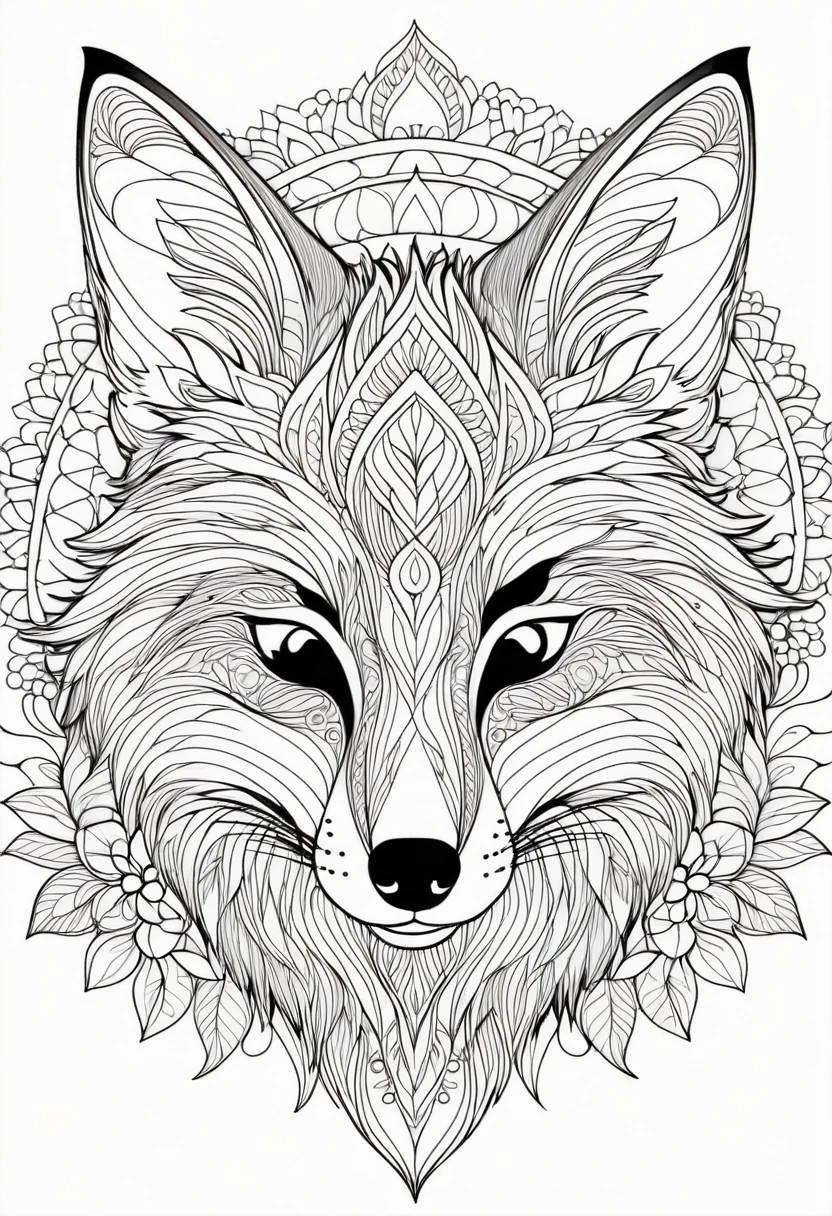 A striking black and white line art coloring page designed for adults with white background, featuring a majestic fox in a mandala-inspired style. The fox is adorned with intricate patterns that include floral and geometric designs, making it an engaging and detailed work of art. The illustration focuses on crisp, clean lines and bold outlines, without any shading or color, allowing the user to bring their own vibrancy to the piece. The minimalistic design, with its thick lines and absence of background details, creates a soothing coloring experience for adults seeking calming and creative activities. illustration