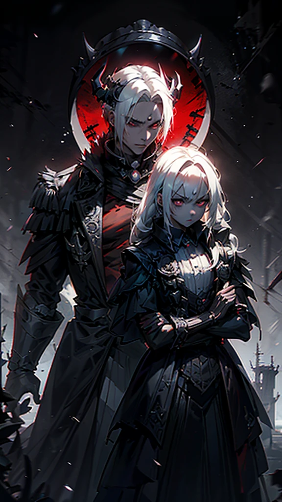 Anime style illustration of a boy, (medium length white hair),(Completely black eyes with red pupils), (He wears a long black gothic coat), Black horns to the rear, jrpg, fantastical, pale skin, charmant, emotionless, fantastic , imaginative, visually appealing, Atmospheric ,wide, Flat lighting, 2d, cartoon, vector, art by Mschiffer, best quality, best resolution