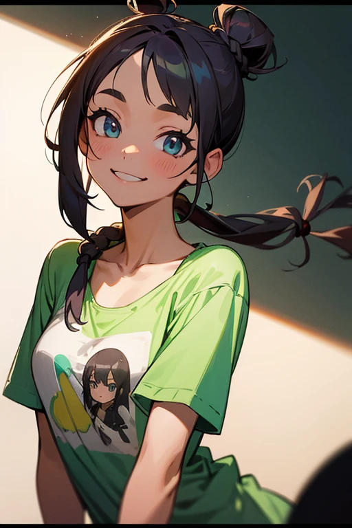 One girl, Idol, close, clavicle,  ,, photograph, movie, Depth of written boundary, Skin Texture, T-Shirts, rubber band, Topknot, Long Hair, (cute)、(smile)