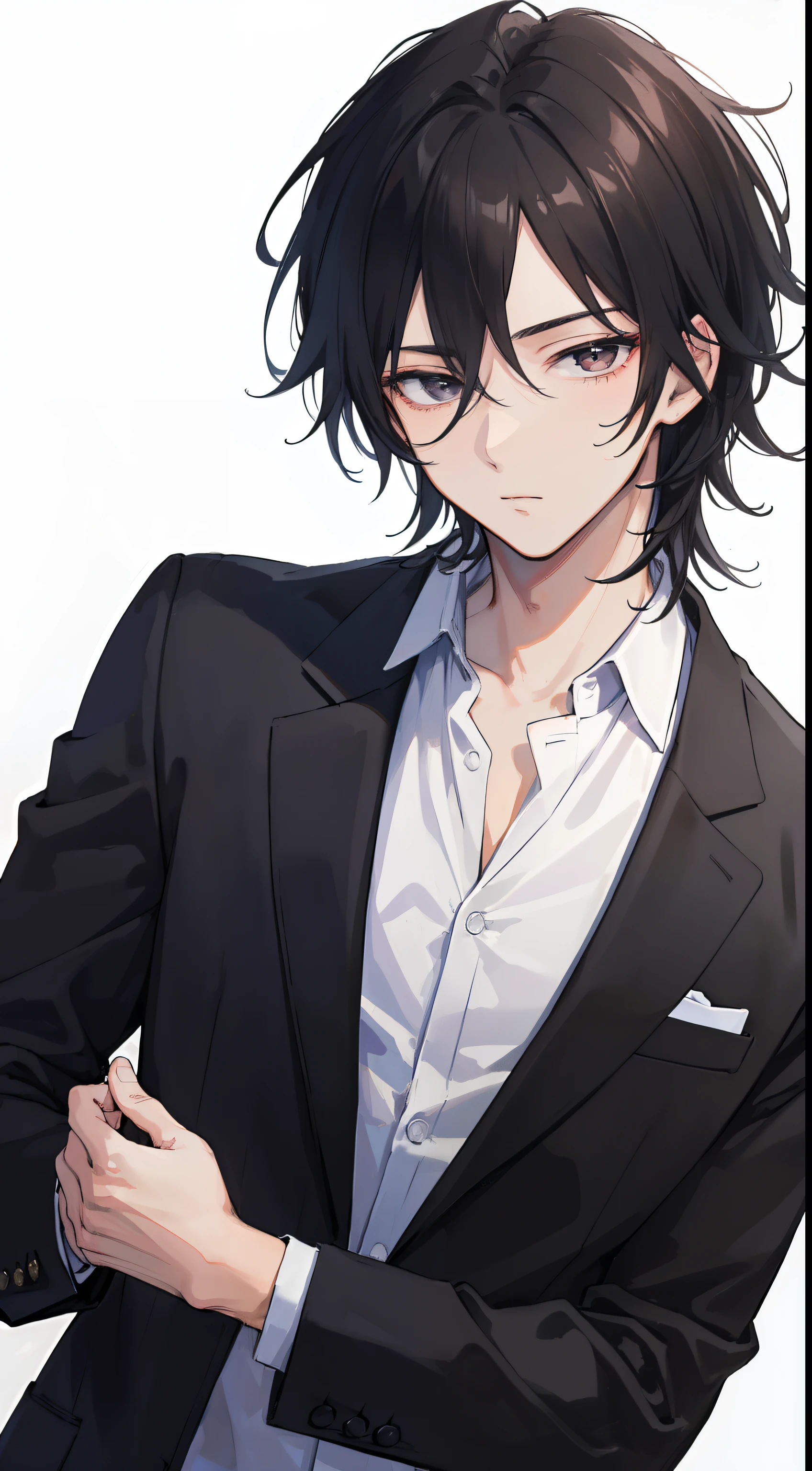 ((masterpiece, best quality, More details)), ((1 person)), A 22-year-old man，Messy hair, black hair，Wear a black suit, Japanese cartoons