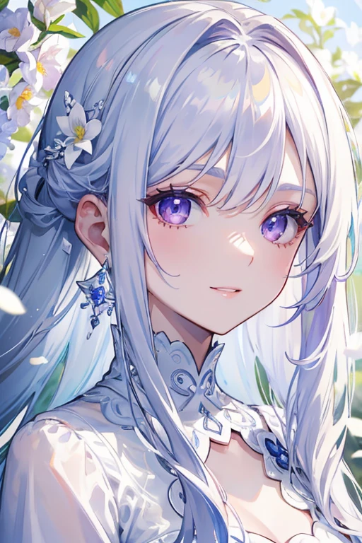 Masterpiece, high quality, Single female, Ethereal, beautiful，portrait, one long silver ponytail, side bangs, very pale skin, purple eyes, glittering eyes, white eyelashes, white eyebrows, radiant smile, colors, blue colors，white colors, white dress, white long sleeves, no accessories, flowy，The face is happy, Clear eyes，flowers in the background, daytime, vanilla flower, Rich in color，bust photo.