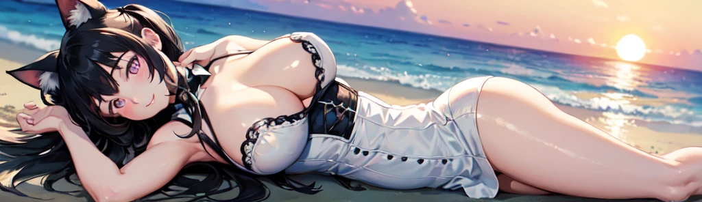 (Masterpiece), ((best quality)), 1girl, (laying down), (white dress), corset, black hair, (high pigtails), long hair, cat ears, pink eyes, smirk, ((big breasts)), ((wide hips)), sunset, beach