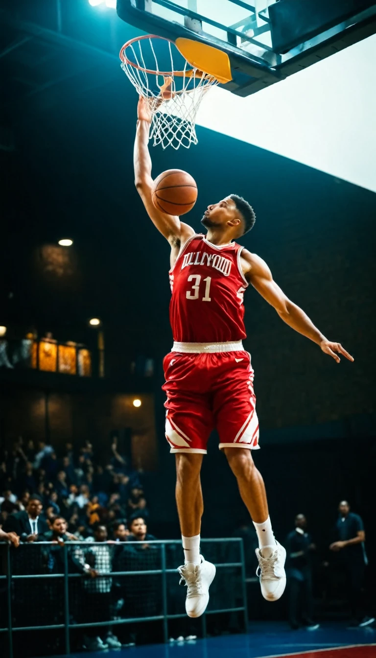 Realistic photography, full body shot, low angle shot, side view shot, game-winning one handed dunk, huge slum dunk, rear to basket with ball in hands over heads, winning points, long and high flight, suspended in the air,  full body shot, 8k, film grain, bokeh, shallow depth of field, cinematic hollywood film style 