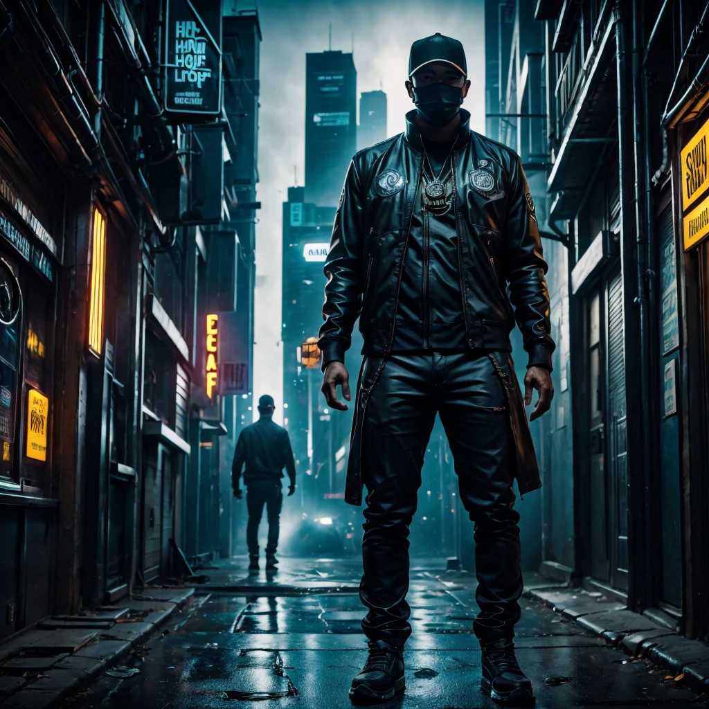 progressive hip hop music album cover, half light, half shadow, face of a man looking forward with a sad look,with this letter, dark futuristic realistic Title: "Between Shadows and Hope"
