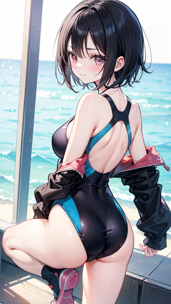 One piece type competitive swimsuit　Black Bob Hair　Great style　blush　smile　Backwards、Standing with your back and buttocks facing you　Up to the knee