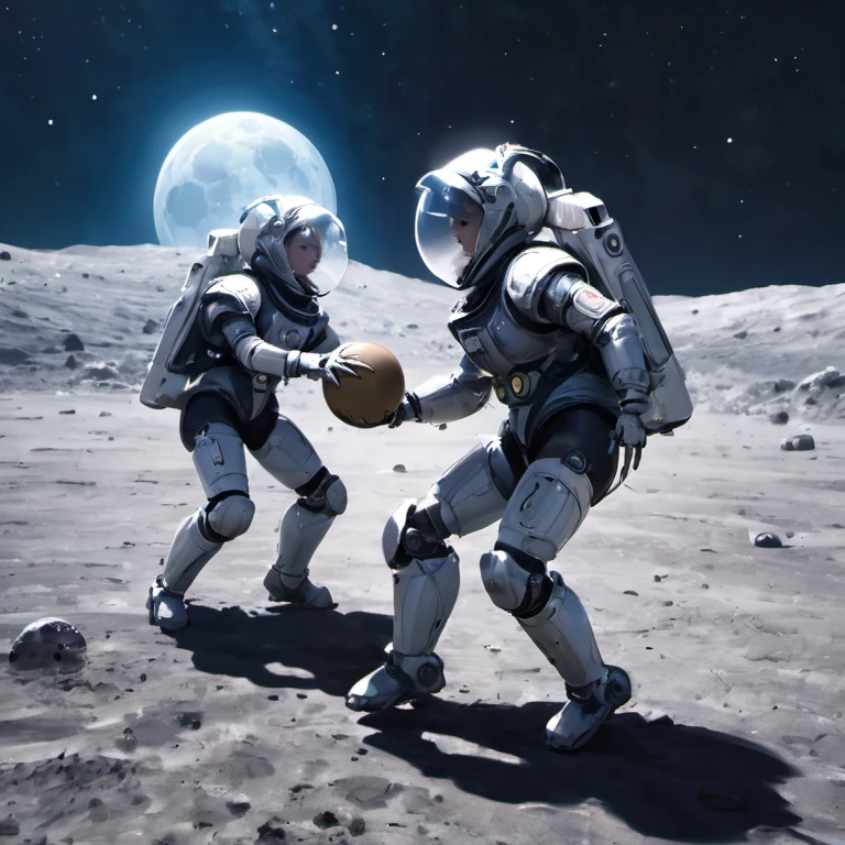 2 girls in mech suit playing footbal in the moon surface, smacking stance, 1holding ball, interstellar background, light trail surrounded, epic realism, unreal engine, best wallpaper quality, 8k, super detailed, vivid color, dramatic light