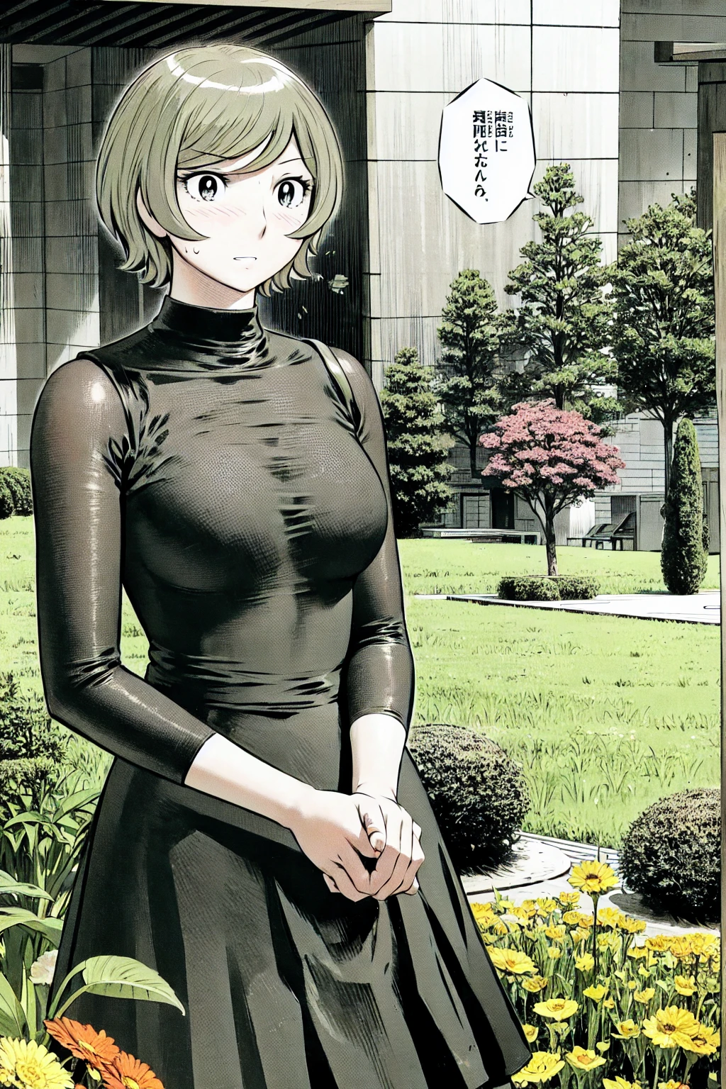 、(masterpiece、Highest quality)、Highest quality, Ultra-high resolution, (((masterpiece))), alone, Sweat、Big eyes, Sleeveless、Outdoor、Floral Dress、Composition from the front、(後ろCut your hair short、short hair、blonde、woman)、Shortcuts、Embarrassed face、Cut your hair short、可愛いwomanの子、Big Breasts、Browsing Caution